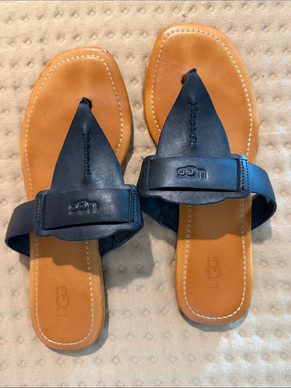 UGG Navy and Tan Leather Slide Sandals
